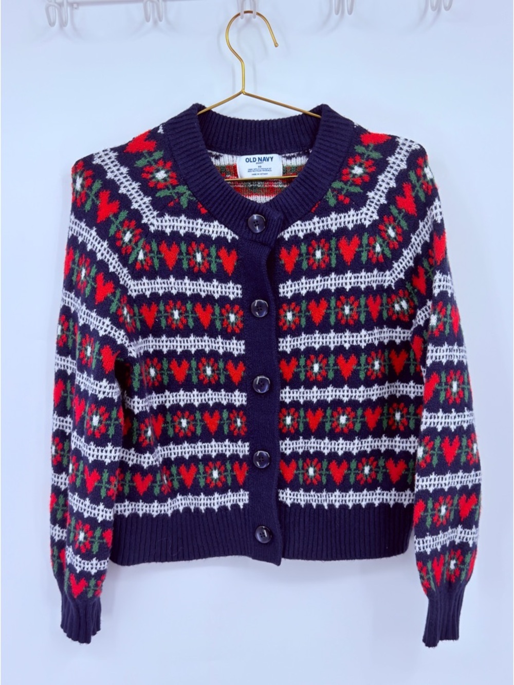 Old Navy Heart Print Cardigan XS Cozy Knit Holiday Sweater Navy Red Fair Isle - Picture 2 of 5